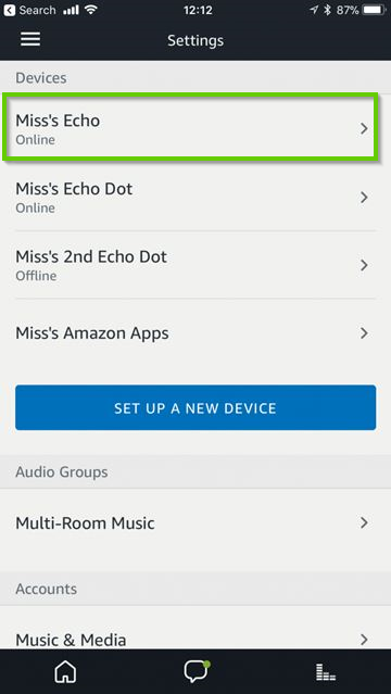 Amazon Alexa app showing a list of connected devices