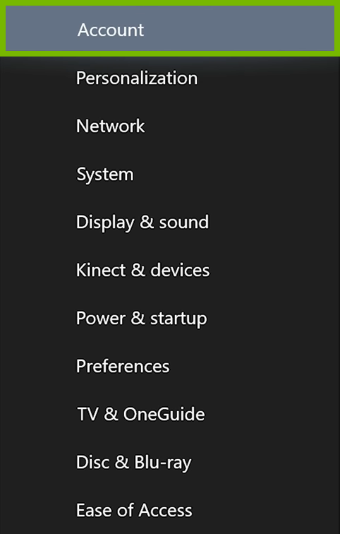 Account option highlighted in Xbox One menu.