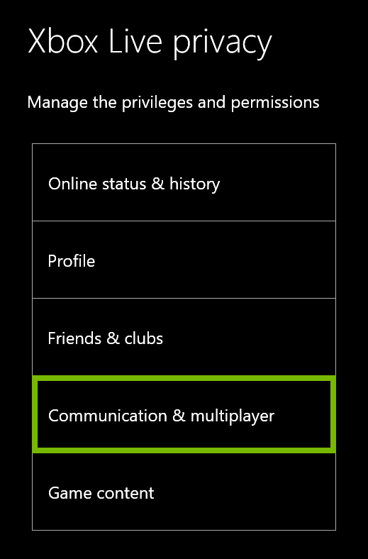 Communication & multiplayer option highlighted on Xbox Live privacy settings.