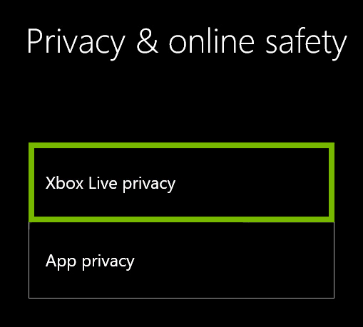 Xbox Live Privacy option highlighted in Xbox One settings.