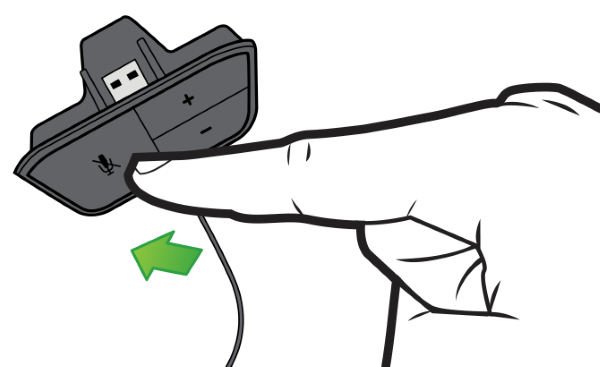 Mute button pointed out for Chat Headset.