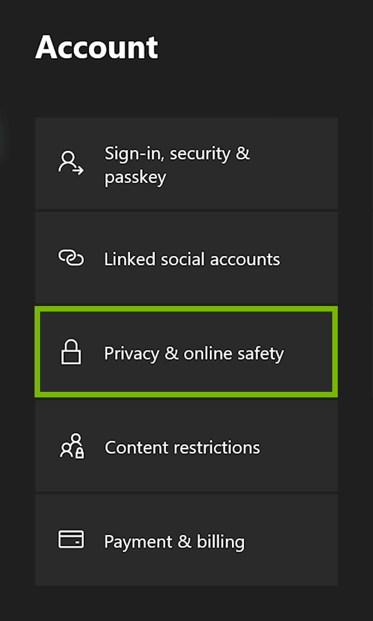 Privacy & online safety option highlighted in Xbox One settings.