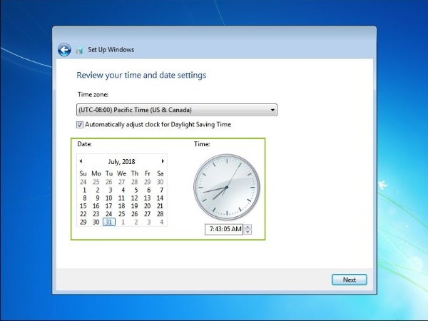 Date and Time section highlighted