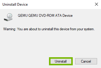 Uninstall option highlighted on confirmation prompt.