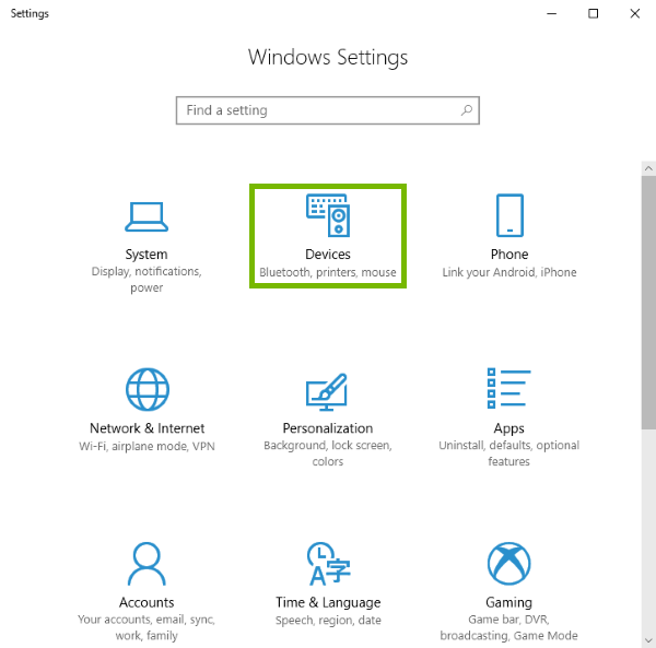 Devices highlighted in Windows 10 settings.