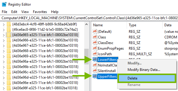 LowerFilters and UpperFilters values pointed out in Windows Registry and Delete option highlighted on pop-up menu.