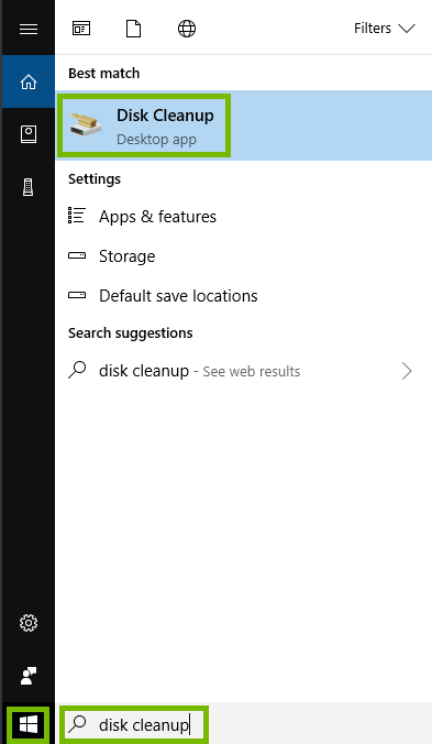 Windows Start menu with disk cleanup highlighted. Screenshot