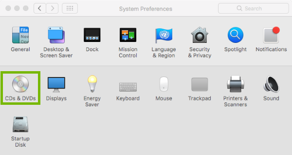 CDs & DVDs highlighted in macOS system preferences.
