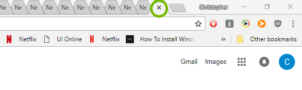 Excess browser tabs with closing X highlighted. Screenshot