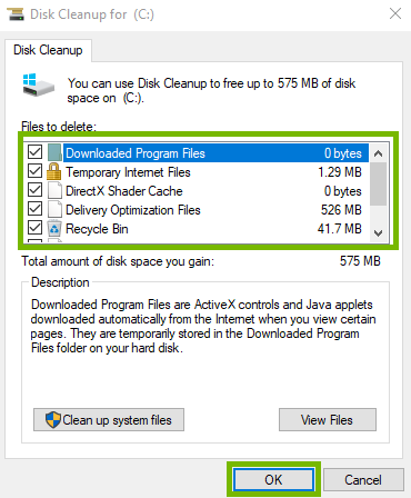 Disck cleanup with files to delete area highlighted. Screenshot