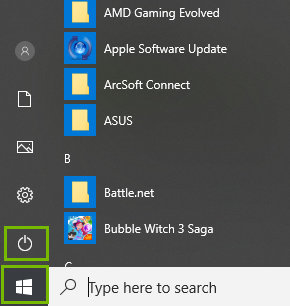 Start menu with power highlighted. Screenshot