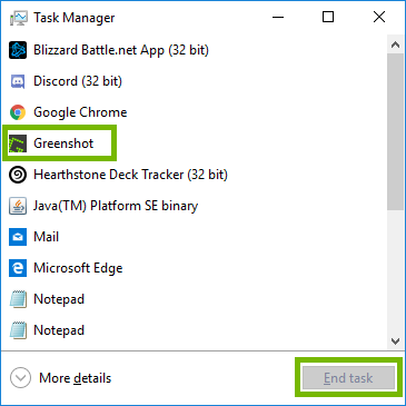 Task manager with a program and end task highlighted. Screenshot