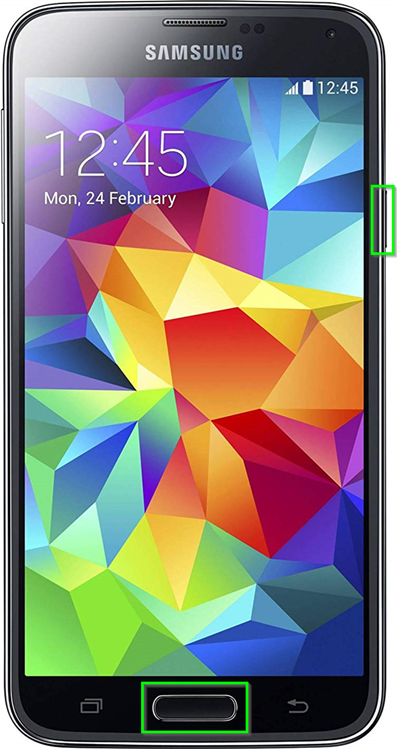 Android smartphone with power button and home button depressed.