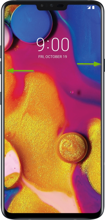 Android smartphone with power button and volume down button depressed.