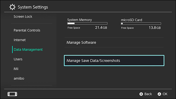 Nintendo Switch save data and screenshots