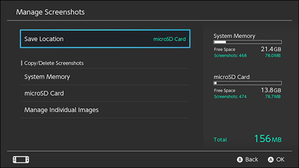 Switch manage screenshots menu