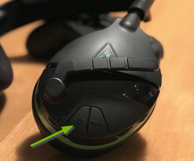 Power button pointed out on the Turtle Beach Stealth 600 headset.