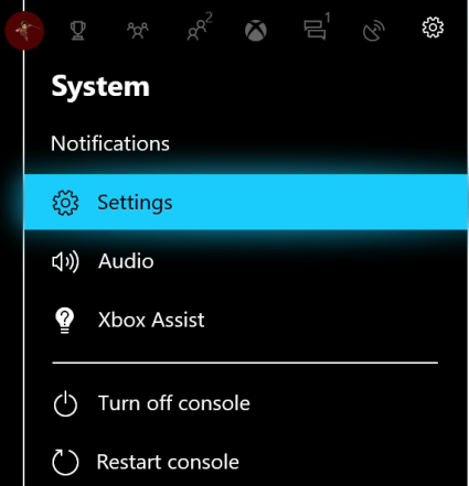 Xbox system menu with Settings highlighted.
