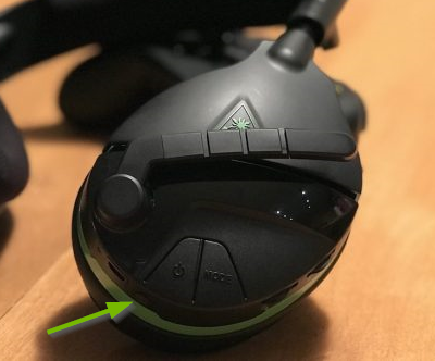 Pairing button pointed out on Turtle Beach Stealth headset.