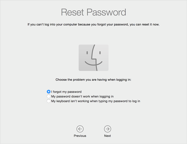 macOS reset password selections