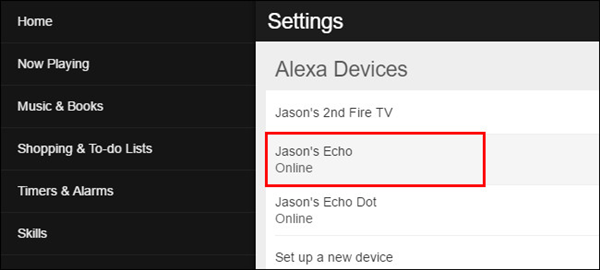 Settings screen with example Alexa device selected. Screenshot.
