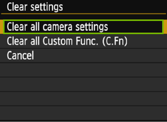 menu with clear all camera settings