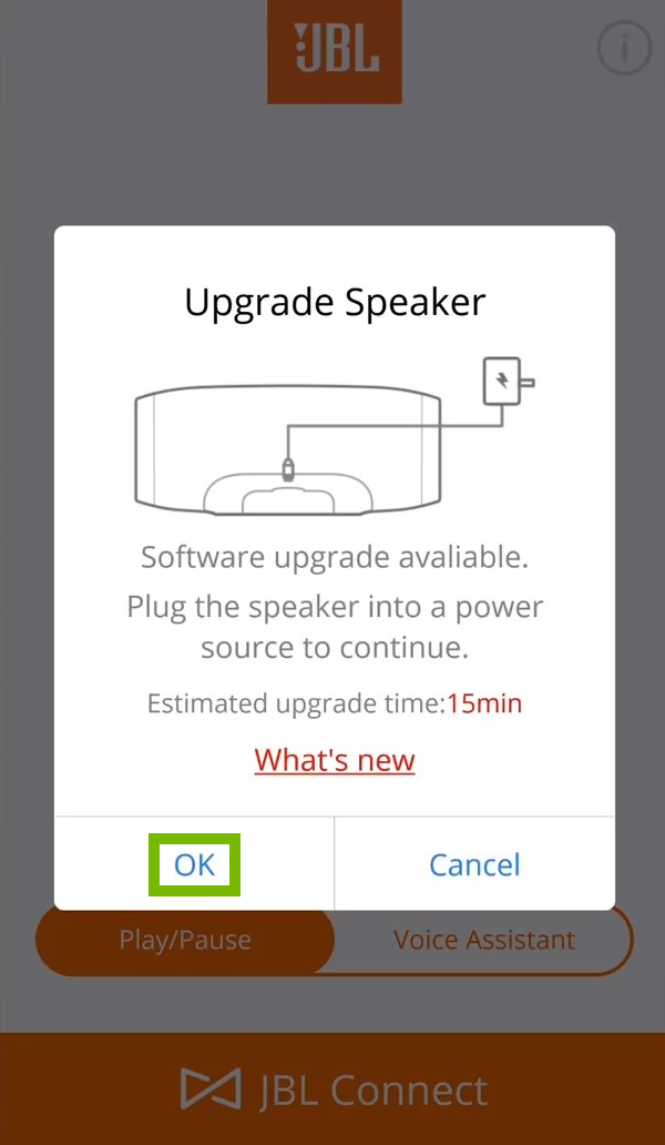 Upgrade speaker screen with the ok button highlighted