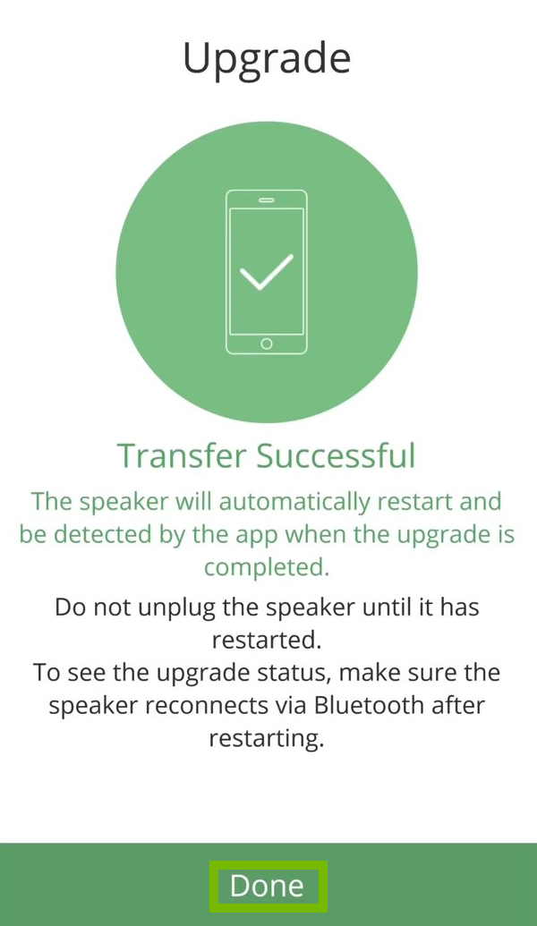 Upgrade complete screen with the done button highlighted
