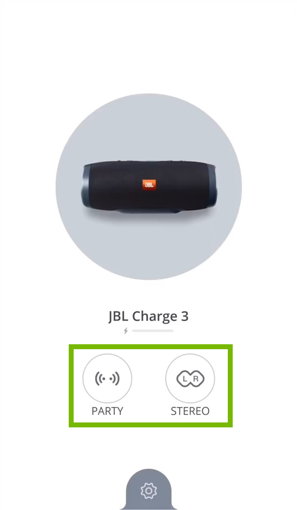 JBL Connect app with the party and stereo buttons highlighted
