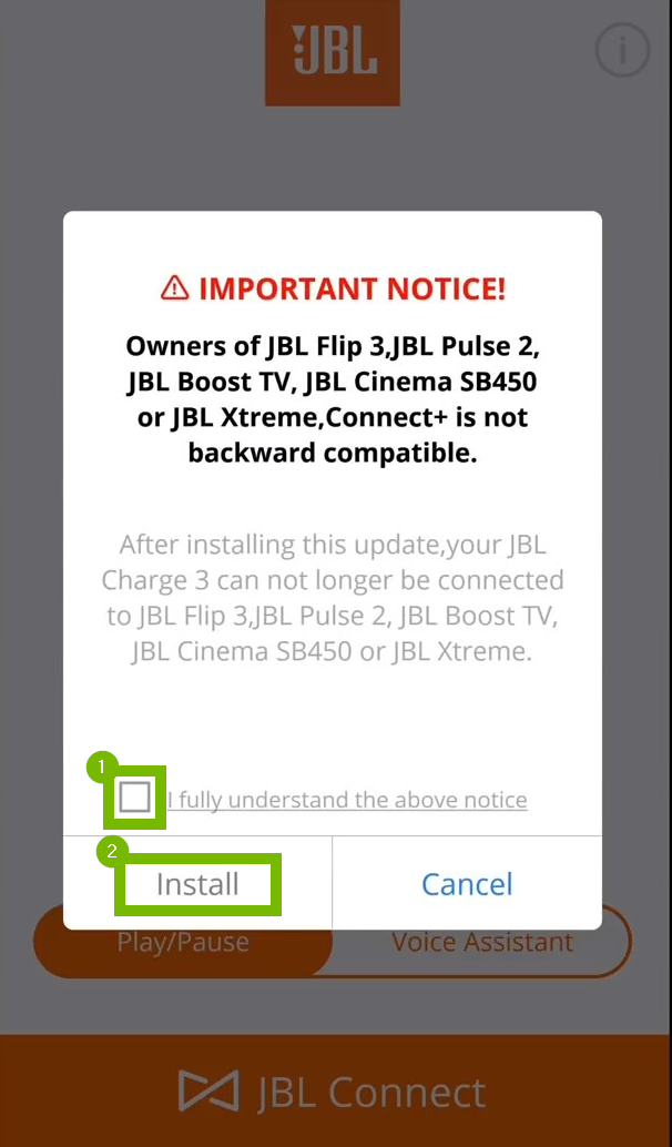 Important notice with acknowledgment box and install button highlighted