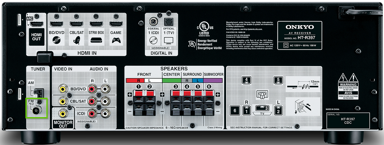 The back of an onkyo receiver showing the FM connector