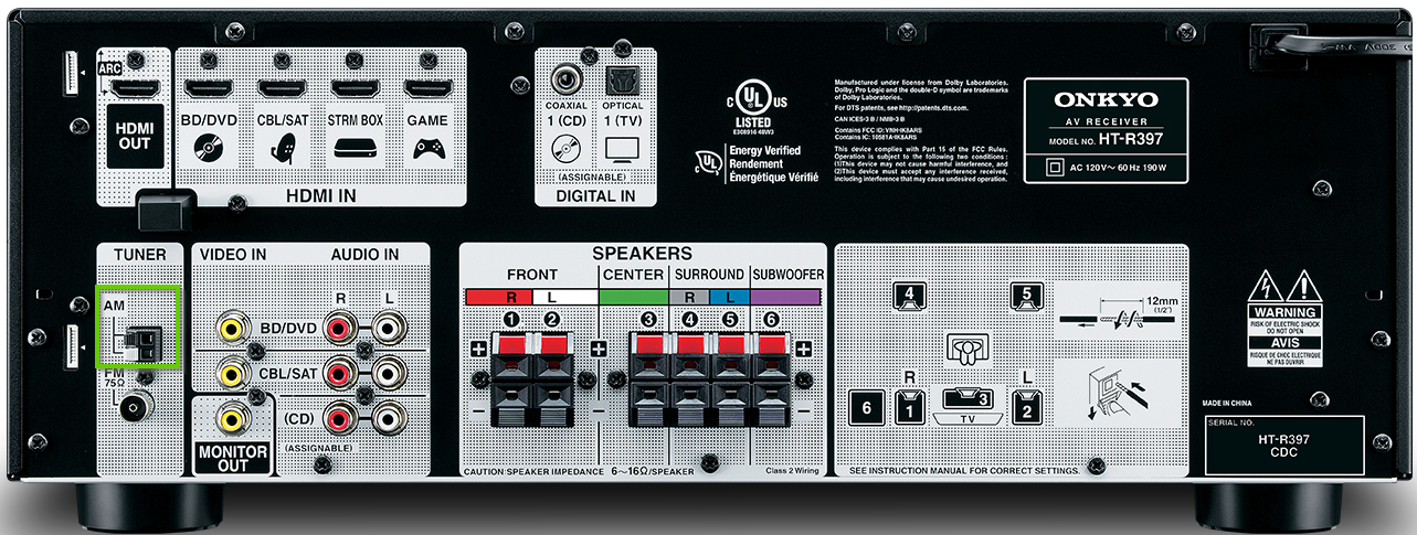 The back of an onkyo receiver showing the AM connector
