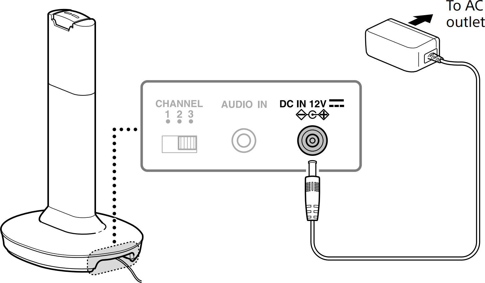 Installing the power cable to the headphone base. Illustration.
