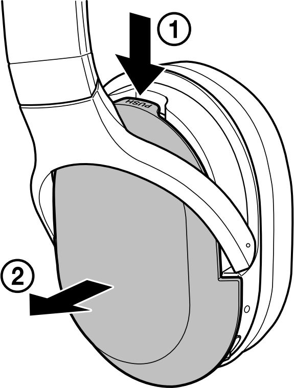Removing the battery cover from the earcup. Illustration.