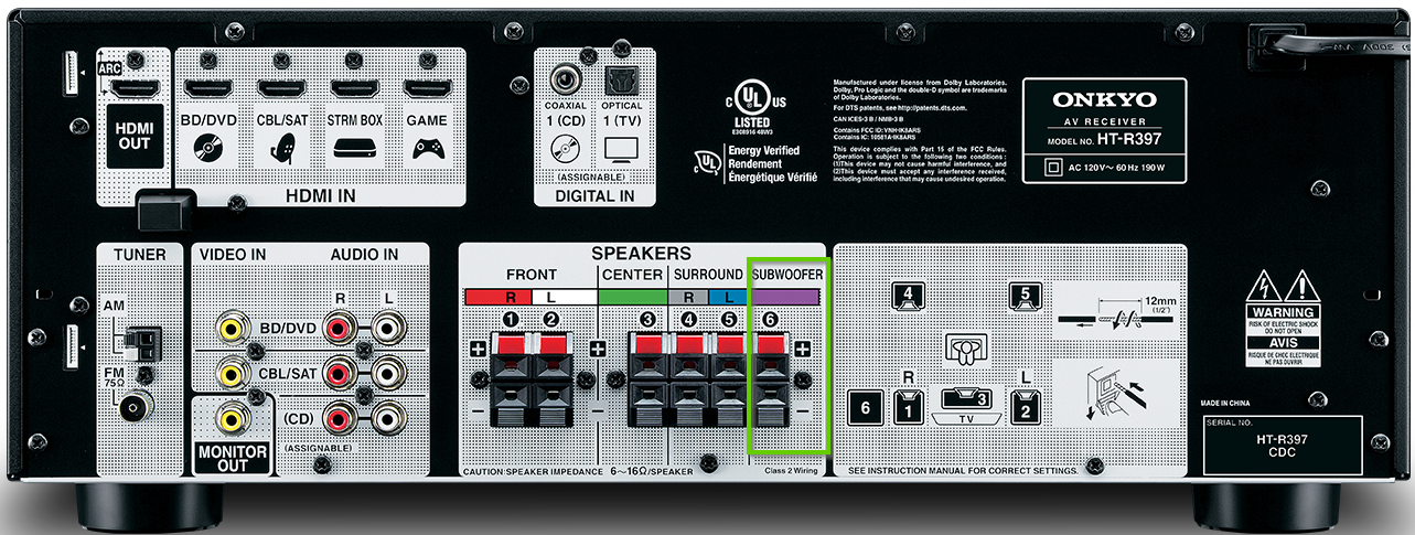 The back of an onkyo receiver showing the subwoofer connection