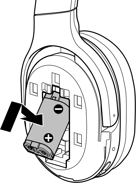 Inserting the battery pack into the earcup. Illustration.