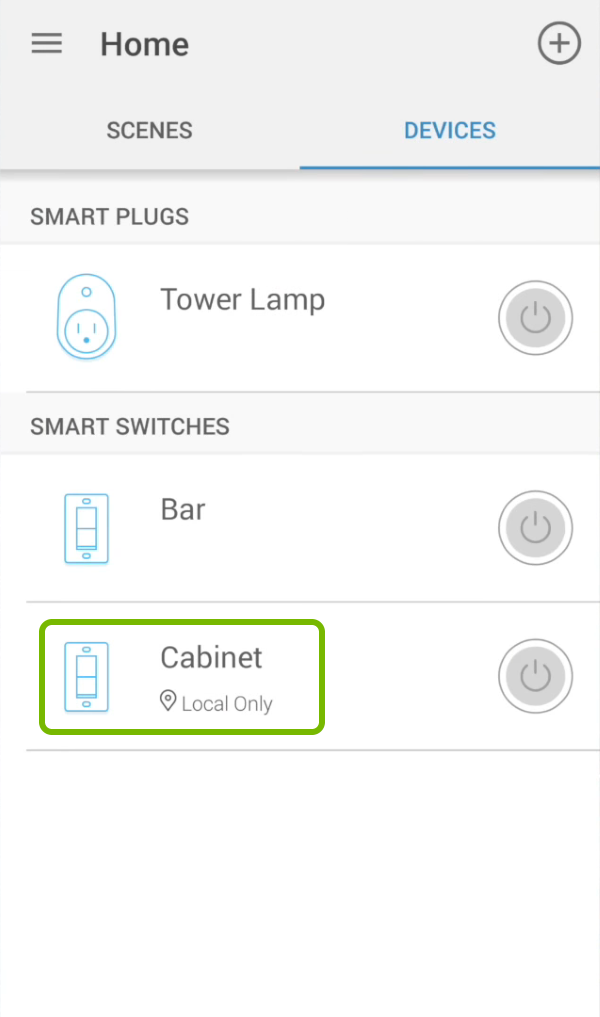 Smart switch name highlighted in devices list of Kasa app.