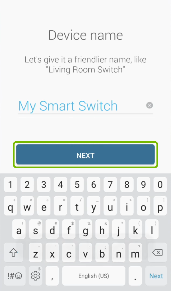 Next option highlighted on device naming screen in Kasa app.