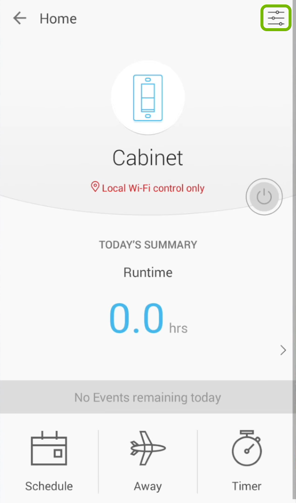 Settings highlighted out for selected device in Kasa app.
