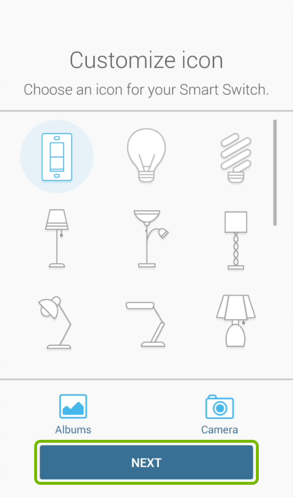 Next option highlighted on icon selection screen in Kasa app.
