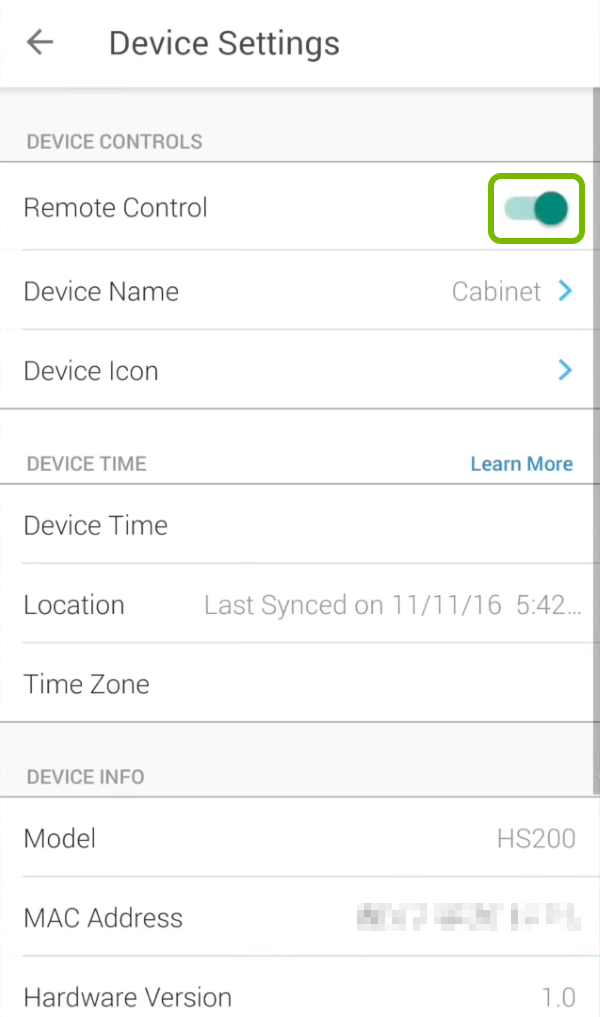 Remote control toggled switch highlighted in device settings of Kasa app.