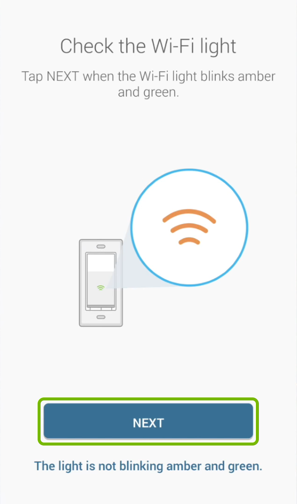 Next option highlighted on device connection screen in Kasa app.