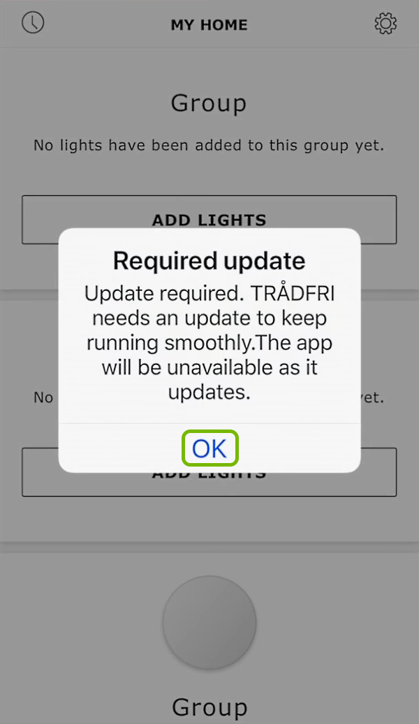 OK option highlighted on update notification in app.