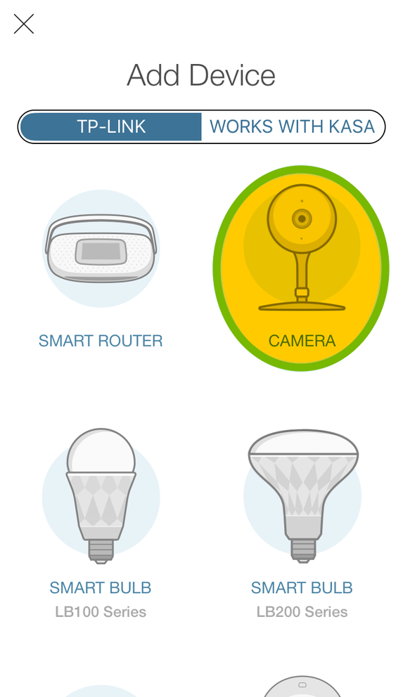 Camera highlighted in device selection list of Kasa app.
