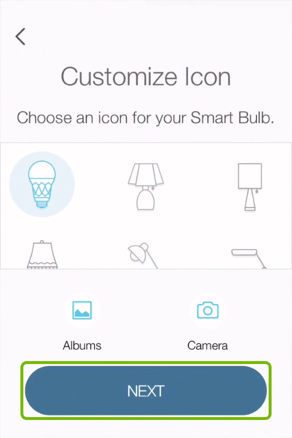 Next option highlighted on icon selection screen in Kasa app.