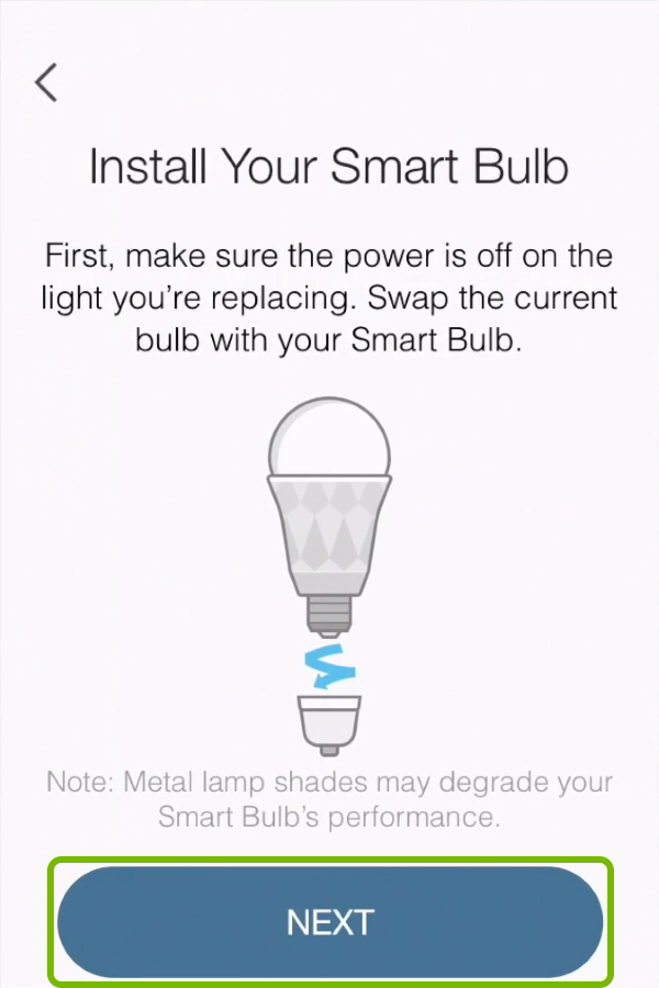 Next option highlighted on device power up screen in Kasa app.