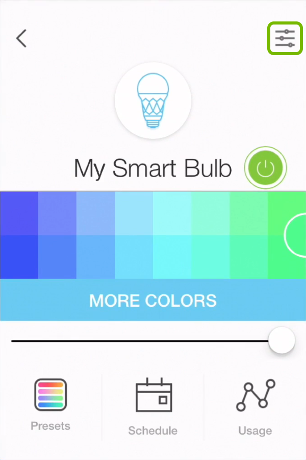 Settings highlighted out for selected device in Kasa app.