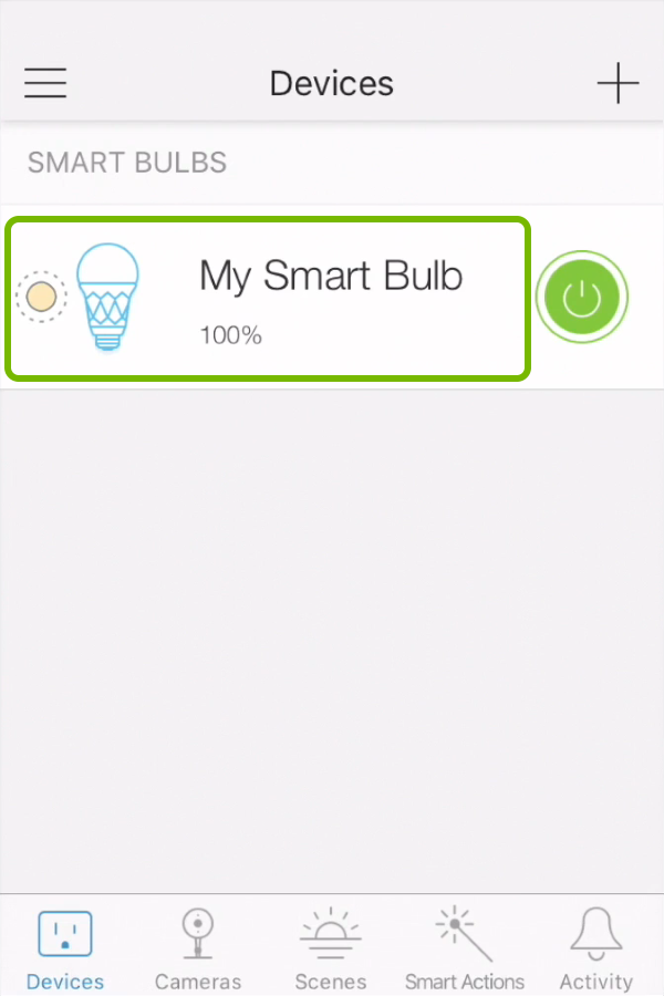 Smart bulb name highlighted in devices list of Kasa app.