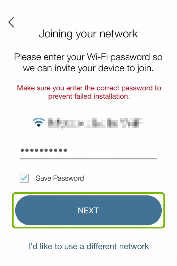 Next option highlighted on device connection screen in Kasa app.