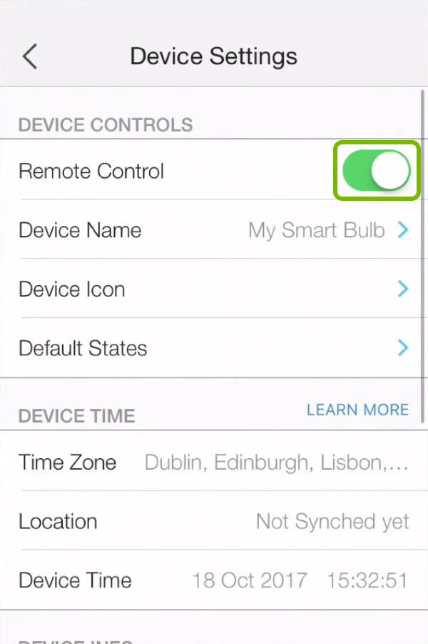 Remote control toggled switch highlighted in device settings of Kasa app.